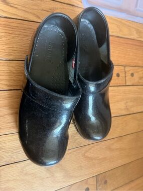 Sanita Black Patent Leather Clogs